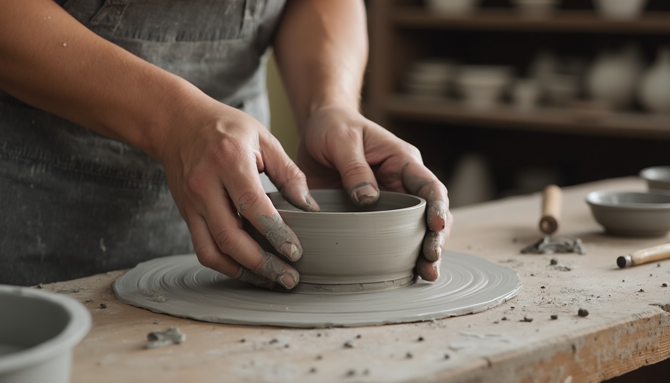 Mains modelant une pièce en argile lors d'un cours de céramique chez Ecohesens Studio à Saint-Denis