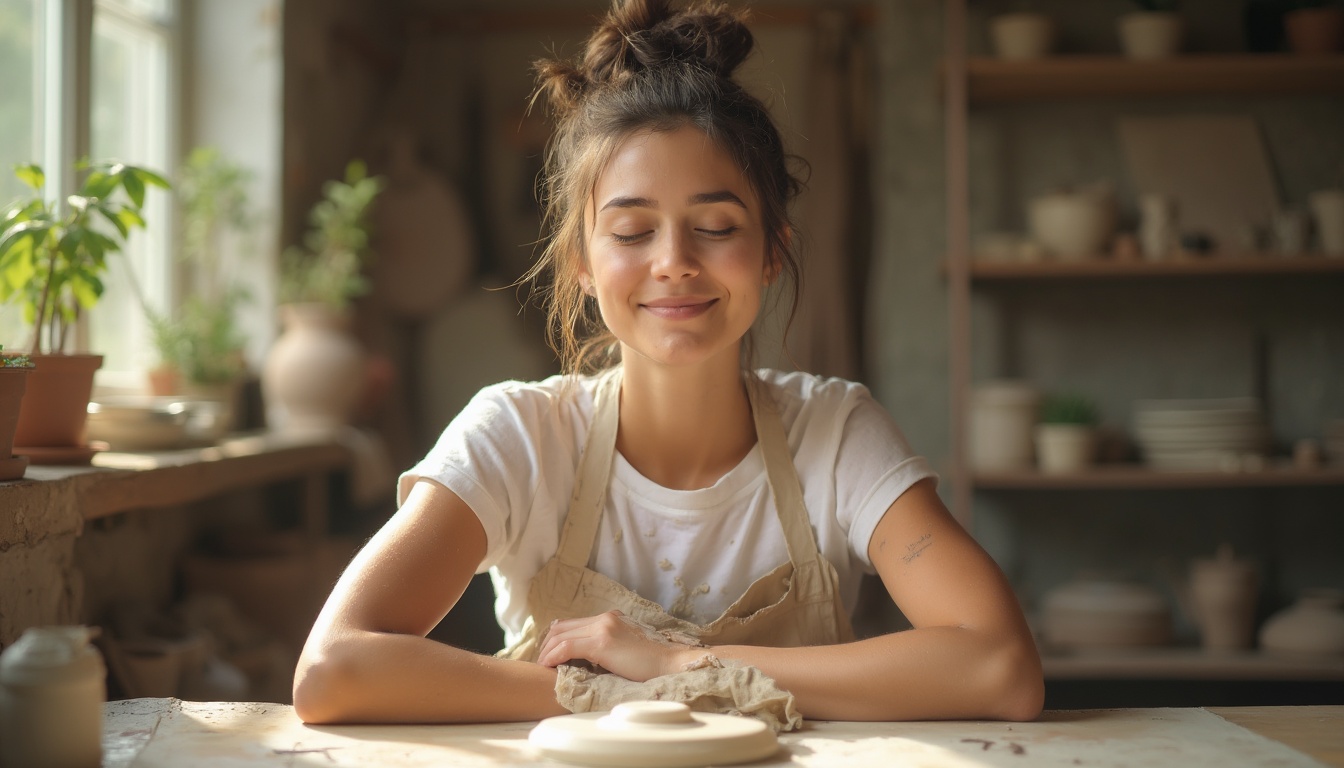 Personne concentrée modelant de l'argile dans un atelier lumineux, moment de méditation active