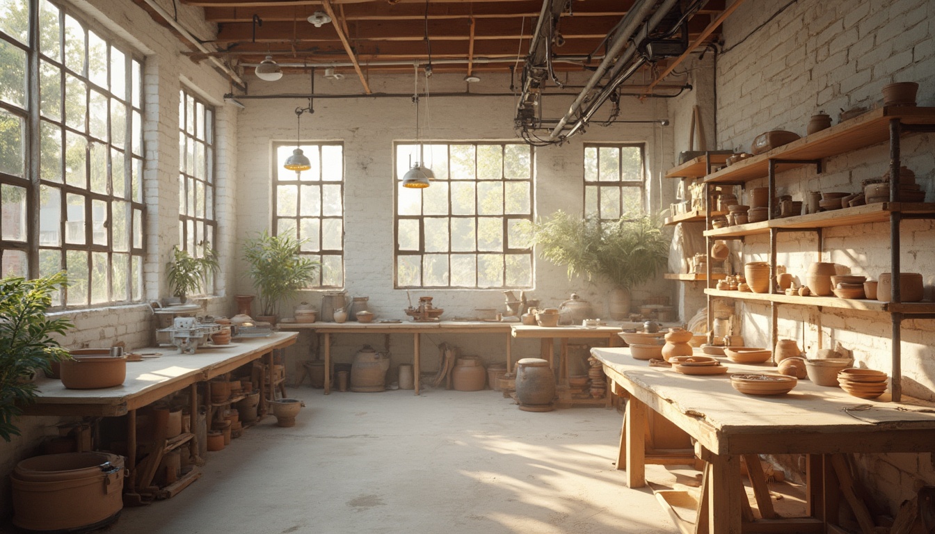 Intérieur d'un atelier de céramique lumineux avec des pièces en cours de séchage